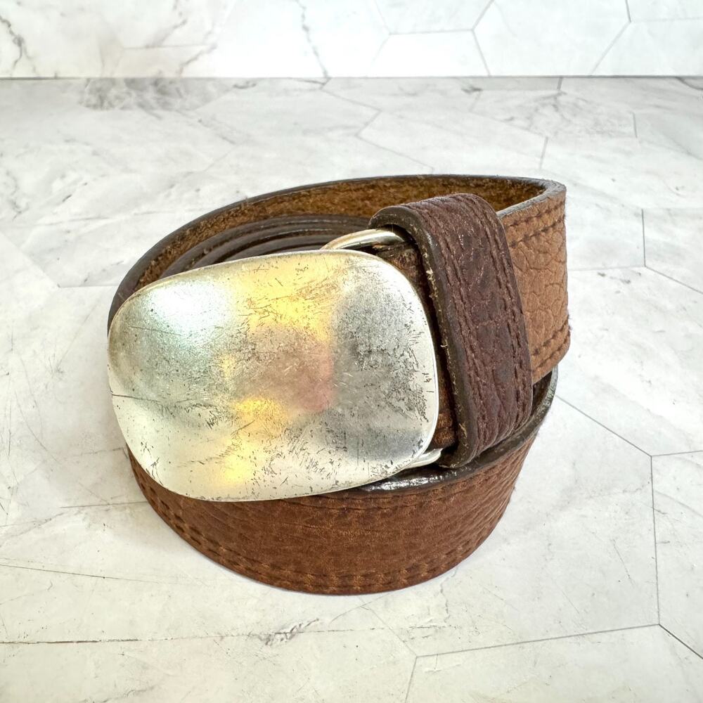 Men's Brown Genuine Leather Belt Size 42 Silver Buckle California USA 1" Pebbled